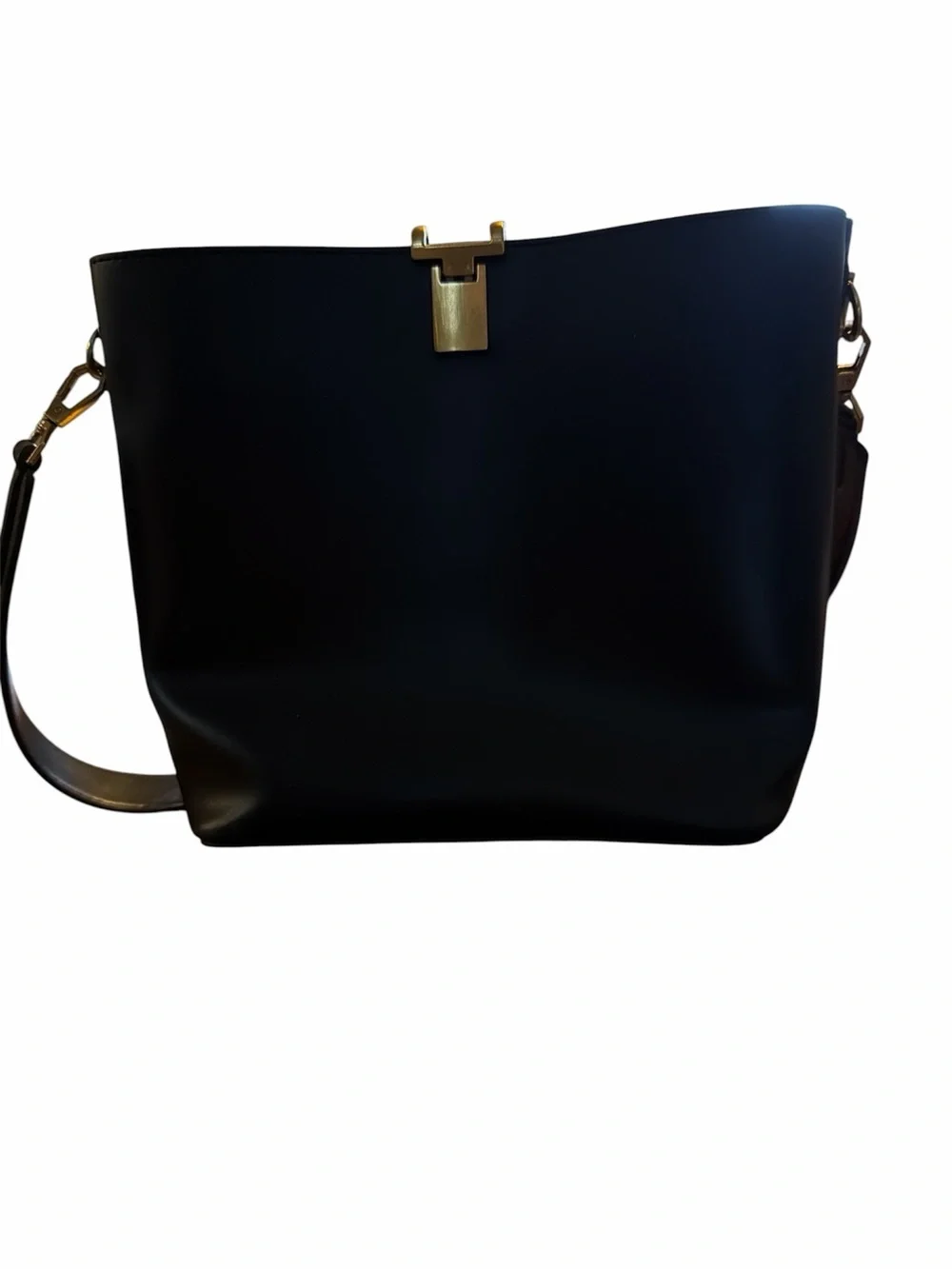 Madison West Black Shoulder Bucket Bag with Gold Hardware